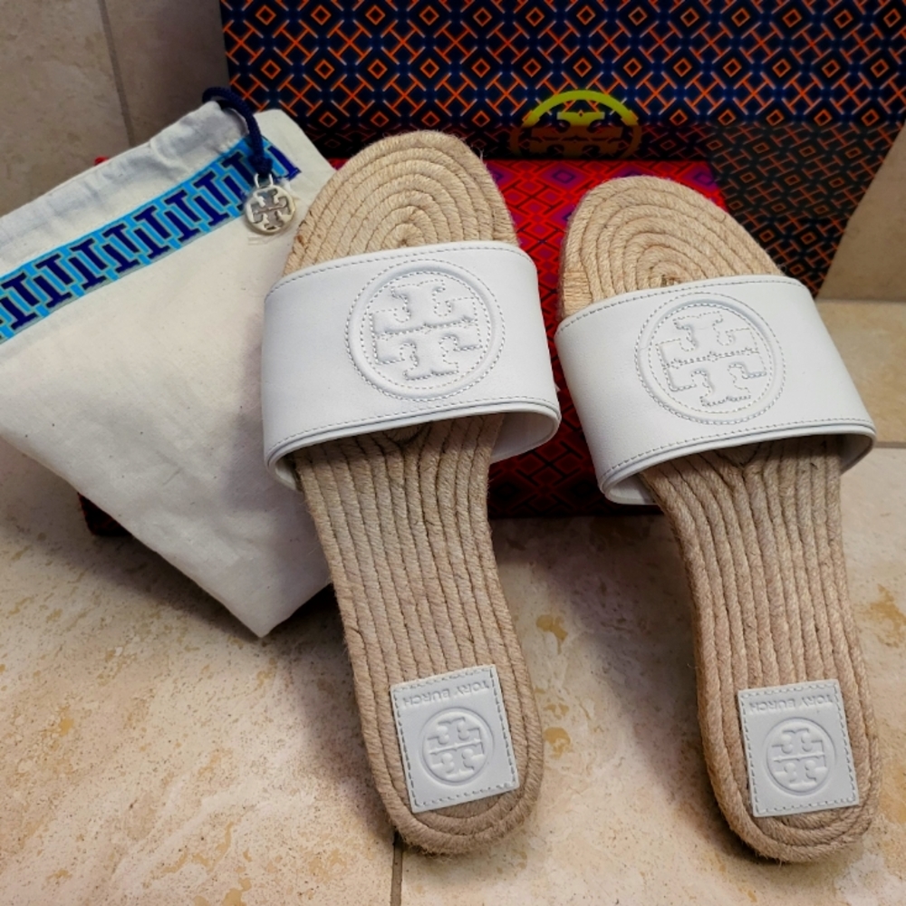 Tory Burch Benton Espadrille ivory leather slide, size 7